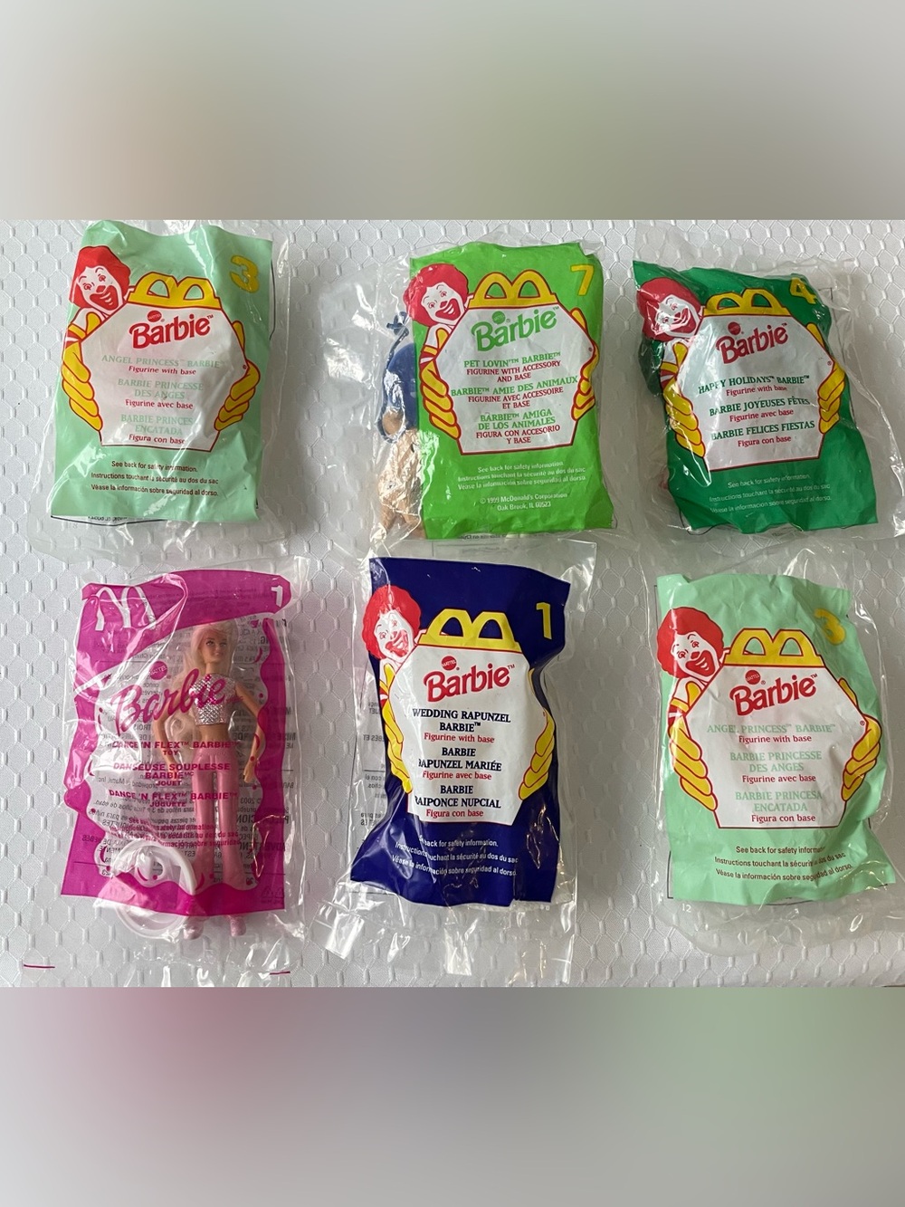 Barbie Happy Meal Dolls in Green Pink Blue and Purple Sealed Bags